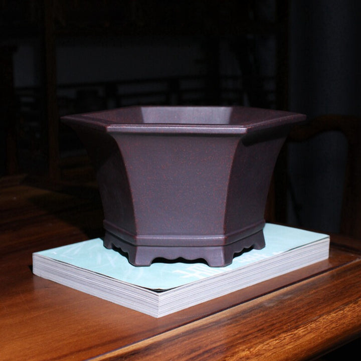 7.4 inch (19cm) Wide 4.1 inch (10.5cm) Deep Flared Hexagonal Premium Bonsai Pot w Subtle Speckling