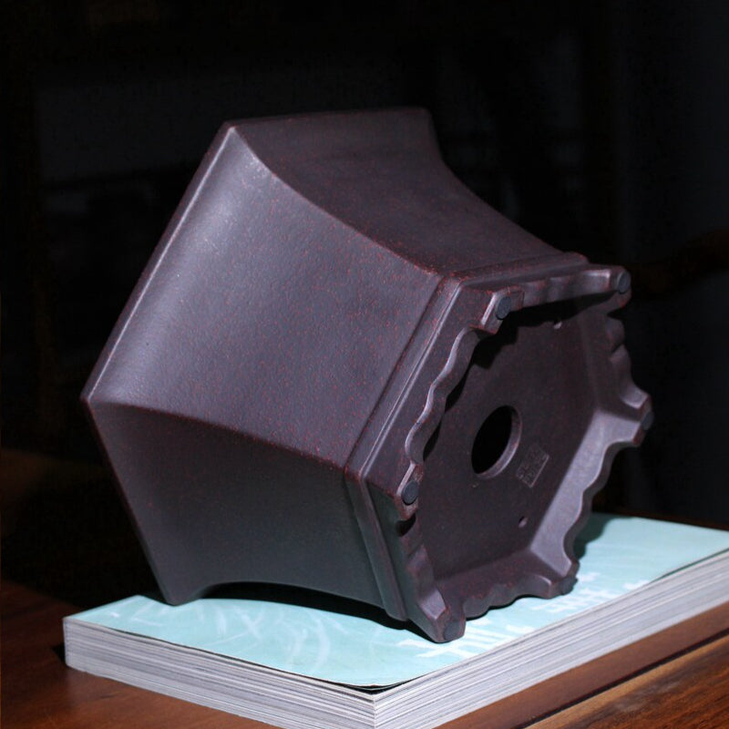 7.4 inch (19cm) Wide 4.1 inch (10.5cm) Deep Flared Hexagonal Premium Bonsai Pot w Subtle Speckling Bottom View