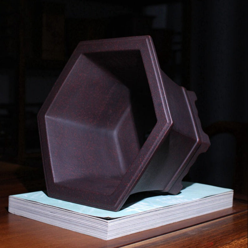 7.4 inch (19cm) Wide 4.1 inch (10.5cm) Deep Flared Hexagonal Premium Bonsai Pot w Subtle Speckling Side View