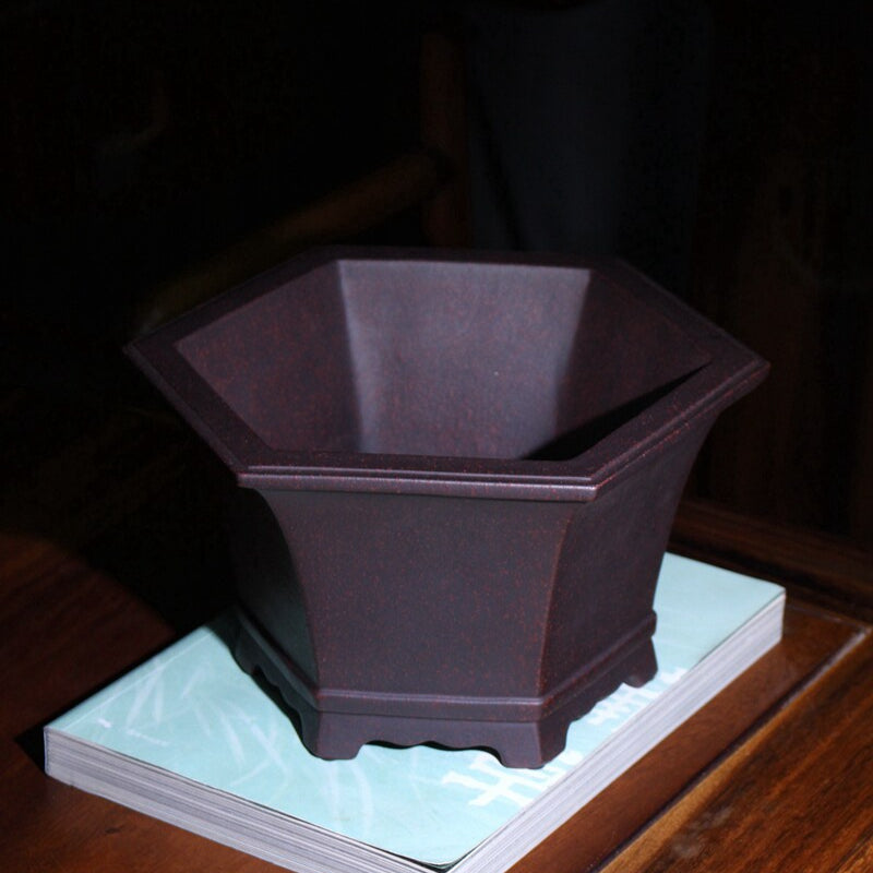 7.4 inch (19cm) Wide 4.1 inch (10.5cm) Deep Flared Hexagonal Premium Bonsai Pot w Subtle Speckling Top View