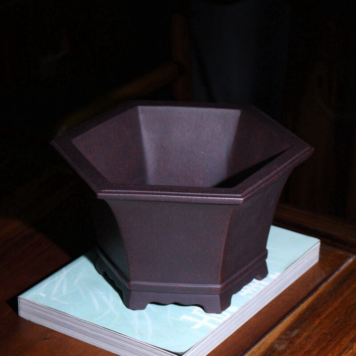 7.4 inch (19cm) Wide 4.1 inch (10.5cm) Deep Flared Hexagonal Premium Bonsai Pot w Subtle Speckling Top View