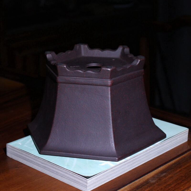 7.4 inch (19cm) Wide 4.1 inch (10.5cm) Deep Flared Hexagonal Premium Bonsai Pot w Subtle Speckling Upside Down View