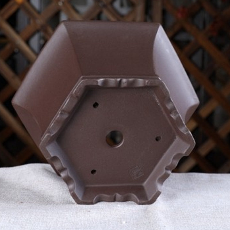 7.4 inch (19cm) Wide 4.1 inch (10.5cm) Deep Flared Hexagonal Unglazed Semi-Cascade Bonsai Pots Bottom View