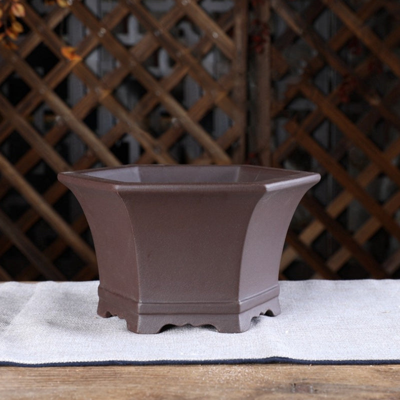7.4 inch (19cm) Wide 4.1 inch (10.5cm) Deep Flared Hexagonal Unglazed Semi-Cascade Bonsai Pots Brown Color