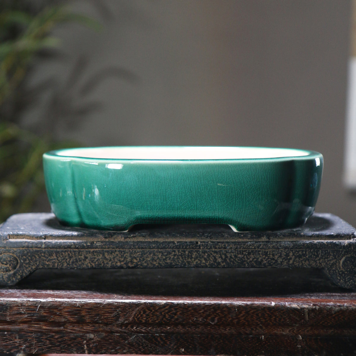7.6" (19.5cm) Oval Cracked Glaze Handmade Yixing Clay Bonsai Pots Green Color