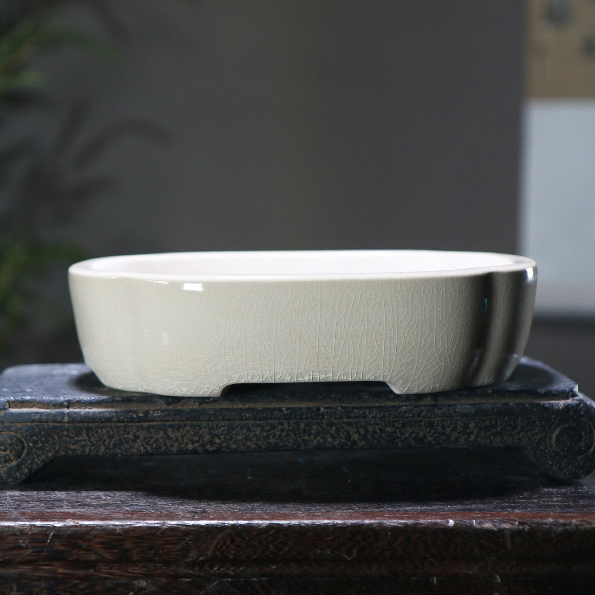 7.6" (19.5cm) Oval Cracked Glaze Handmade Yixing Clay Bonsai Pots Milky White Color