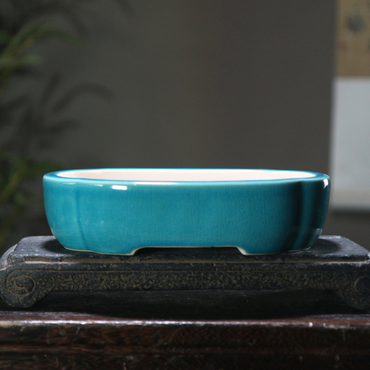 7.6" (19.5cm) Oval Cracked Glaze Handmade Yixing Clay Bonsai Pots Peacock Blue Color