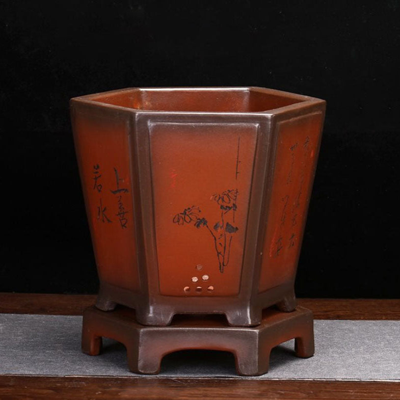 7.6" Deep Antique Brown Hexagonal Semi Cascade Bonsai Pot w Stand
