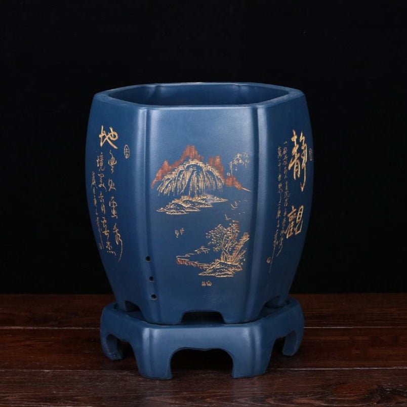 7.6" Deep Blue Hexagonal Semi Cascade Bonsai Pot w Stand