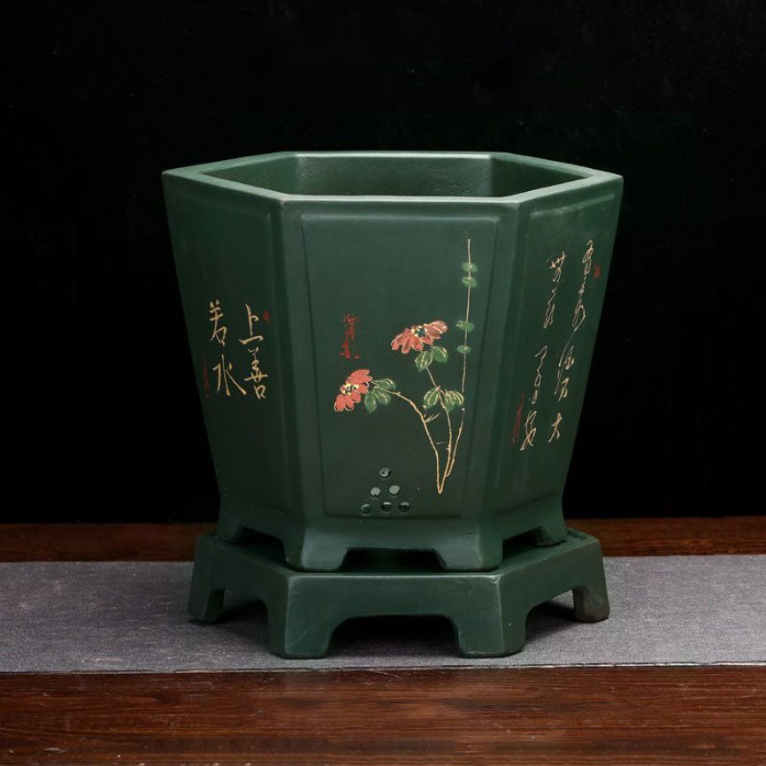 7.6" Deep Green Hexagonal Semi Cascade Bonsai Pot with Stand