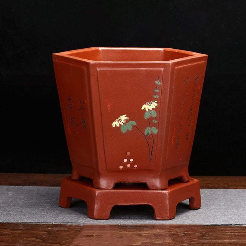 7.6" Deep Reddish Brown Hexagonal Semi Cascade Bonsai Pot w Stand