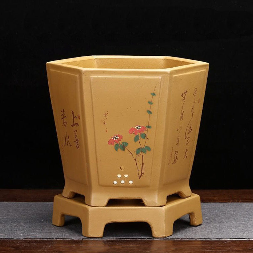 7.6" Deep Yellow Hexagonal Semi Cascade Bonsai Pot with Stand