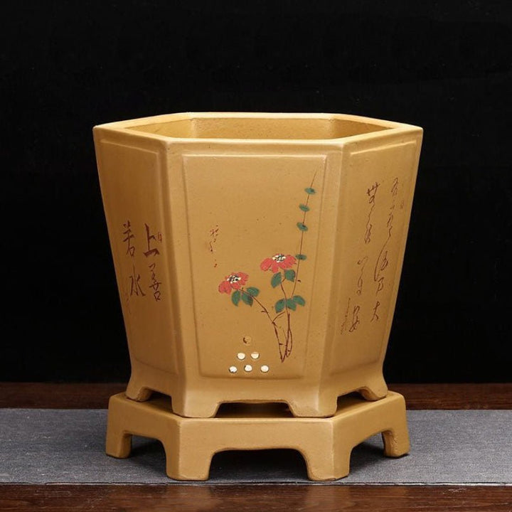 7.6" Deep Yellow Hexagonal Semi Cascade Bonsai Pot with Stand