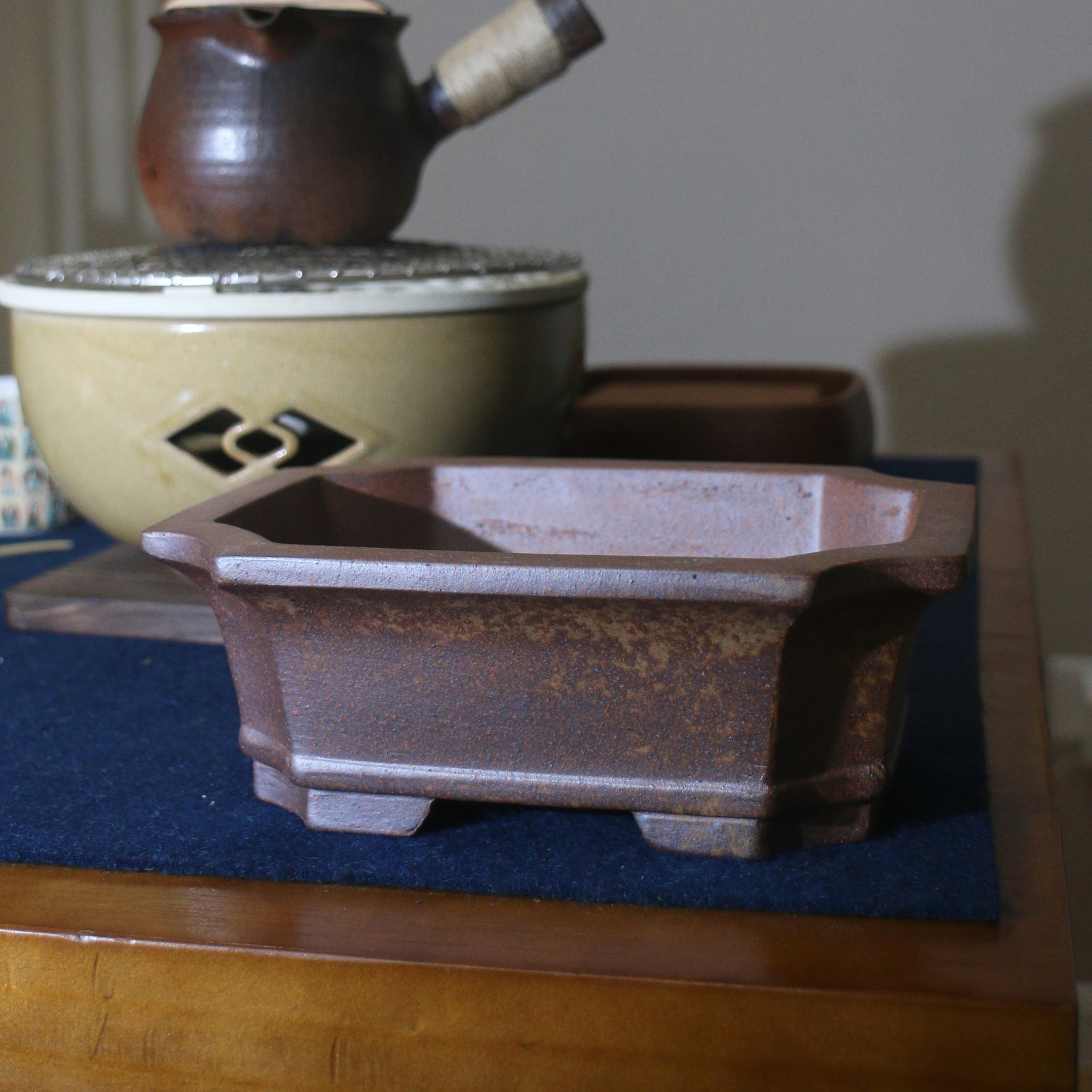7.6 Inch (19.5cm) Medium Rectangular Handmade Flared Unglazed Bonsai Pot Corner View