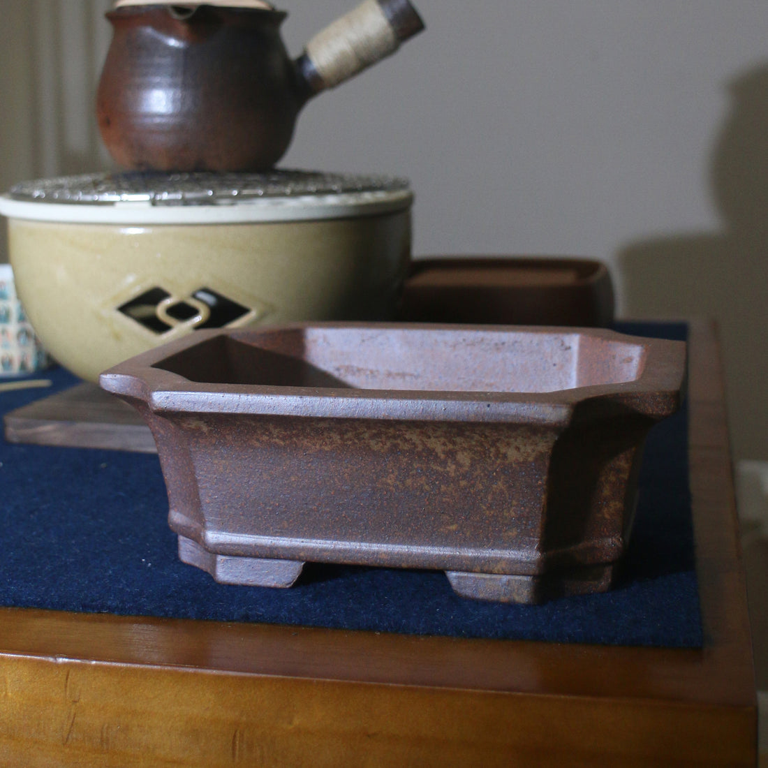 7.6 Inch (19.5cm) Medium Rectangular Handmade Flared Unglazed Bonsai Pot Corner View