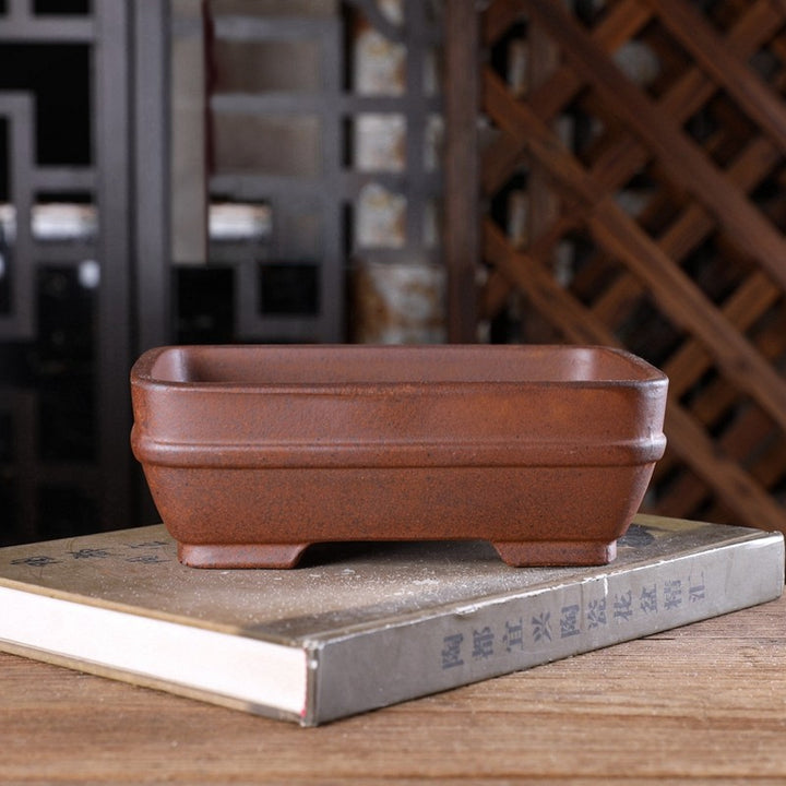7.6 Inch (19.5cm) Smooth Corner Rectangle Wood-Fired Bonsai Pot w Raised Mid-Body Band