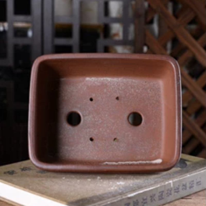 7.6 Inch (19.5cm) Smooth Corner Rectangle Wood-Fired Bonsai Pot w Raised Mid-Body Band Inner View