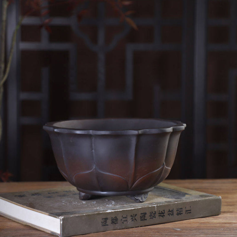 7.6 inch (19.4cm) Wide 3.9" (9.9cm) Deep Lotus-Style Round Dual-Tone Semi Cascade Bonsai Pot