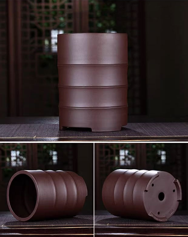 7.6 inch (19.5cm) Deep Round Bamboo-Joint Like Traditional Cascade Bonsai Pots Brown Color