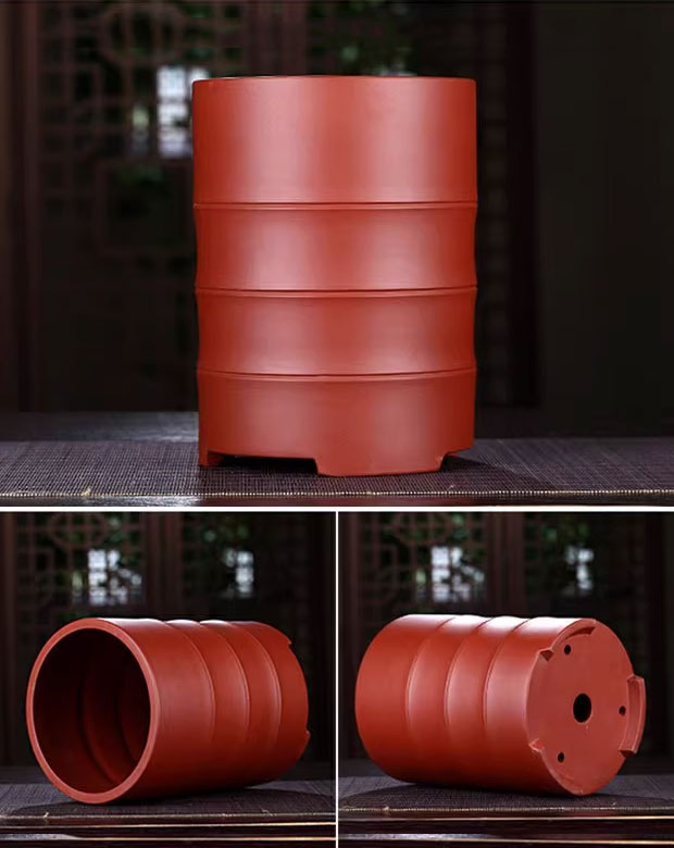 7.6 inch (19.5cm) Deep Round Bamboo-Joint Like Traditional Cascade Bonsai Pots Reddish-Brown Color