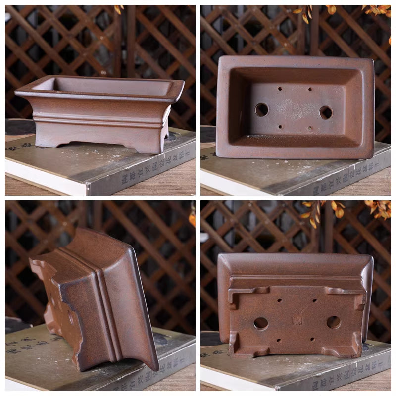 7.6 inch (19.5cm) Medium Rectangle Premium Unglazed Speckled Finish Ceramic Bonsai Pot Multi-Angle View