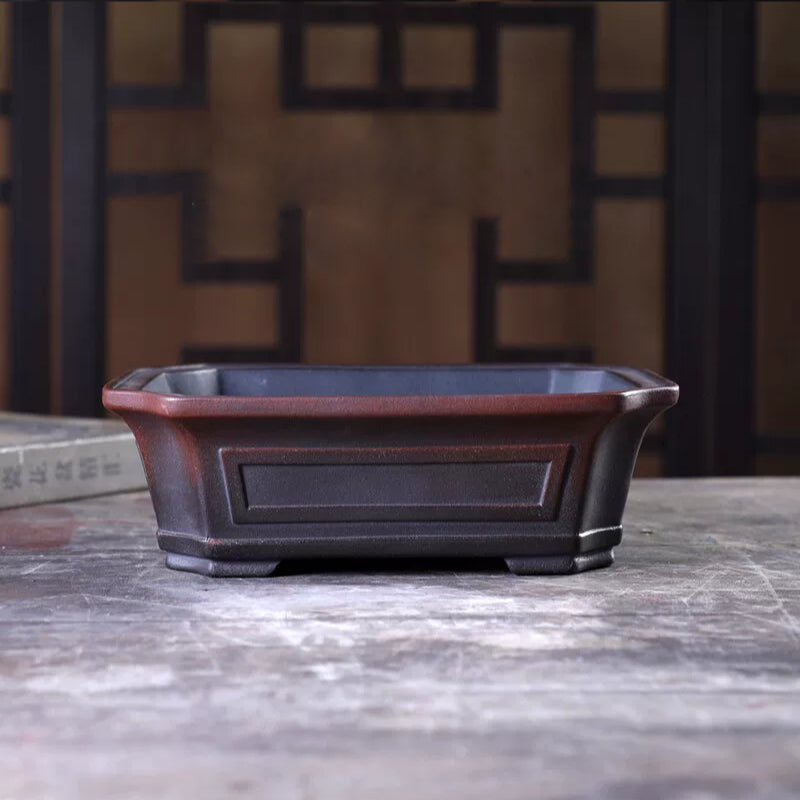 7.6 inch (19.5cm) Rectangular Corner-Cut Antique-Style Black-Brown Dual Tone Bonsai Pot