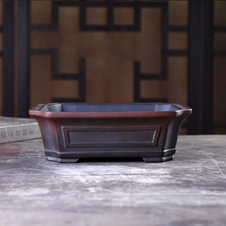 7.6 inch (19.5cm) Rectangular Corner-Cut Antique-Style Black-Brown Dual Tone Bonsai Pot