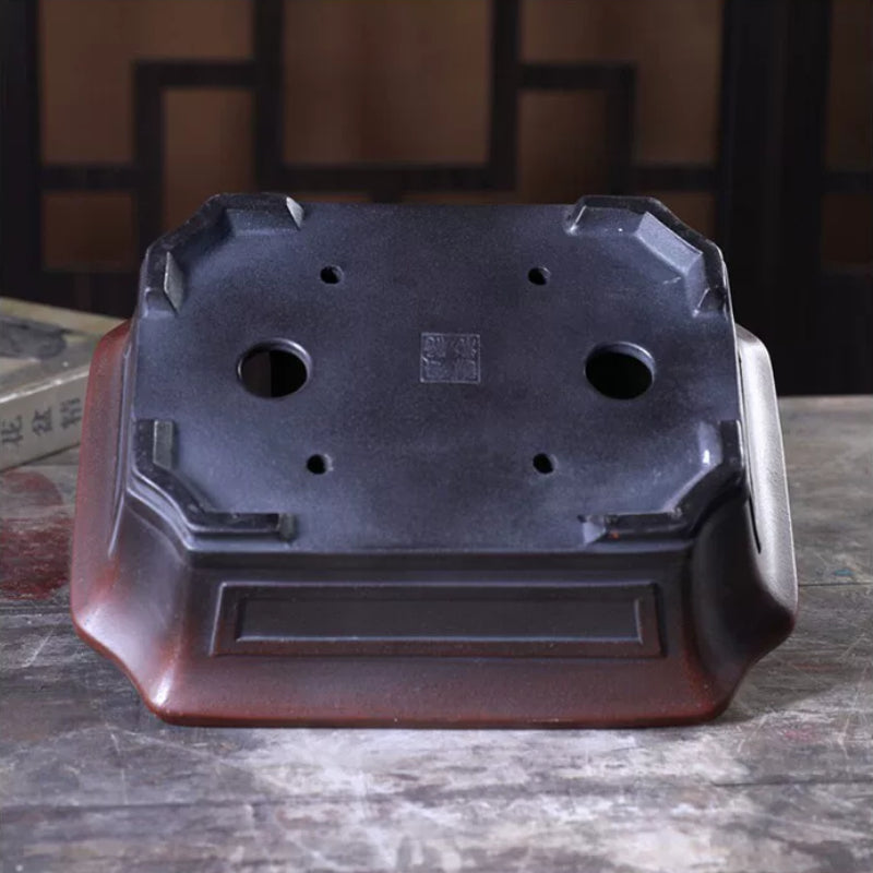 7.6 inch (19.5cm) Rectangular Corner-Cut Antique-Style Black-Brown Dual Tone Bonsai Pot Bottom View