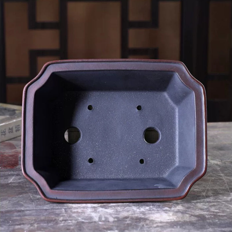 7.6 inch (19.5cm) Rectangular Corner-Cut Antique-Style Black-Brown Dual Tone Bonsai Pot Inner View