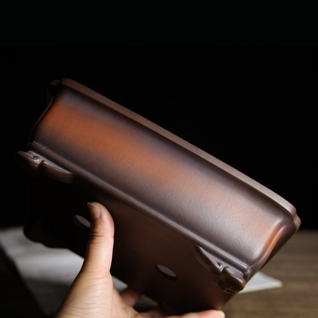 7.7 inch (19.6cm) Rectangular Indented Corner Gradient Finish Cloud Feet Unglazed Bonsai Pot