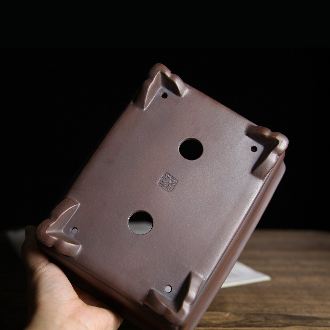 7.7 inch (19.6cm) Rectangular Indented Corner Gradient Finish Cloud Feet Unglazed Bonsai Pot Bottom View