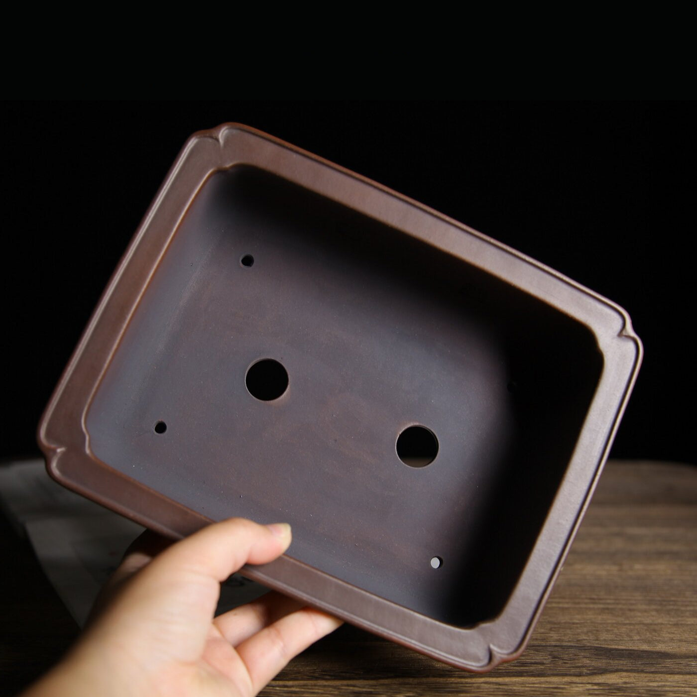 7.7 inch (19.6cm) Rectangular Indented Corner Gradient Finish Cloud Feet Unglazed Bonsai Pot Inner View