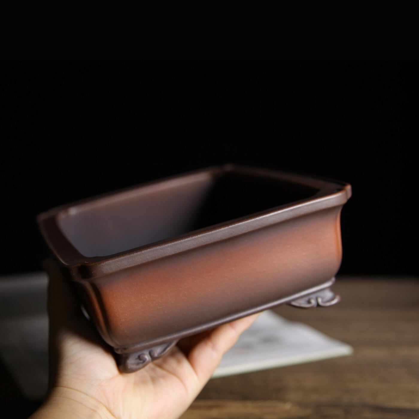 7.7 inch (19.6cm) Rectangular Indented Corner Gradient Finish Cloud Feet Unglazed Bonsai Pot Side View