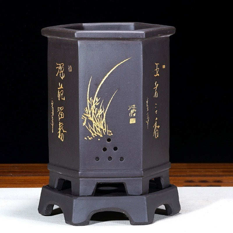 7.8" (20cm) Deep Black Hexagonal Artistic Cascade Bonsai Pot w Stand
