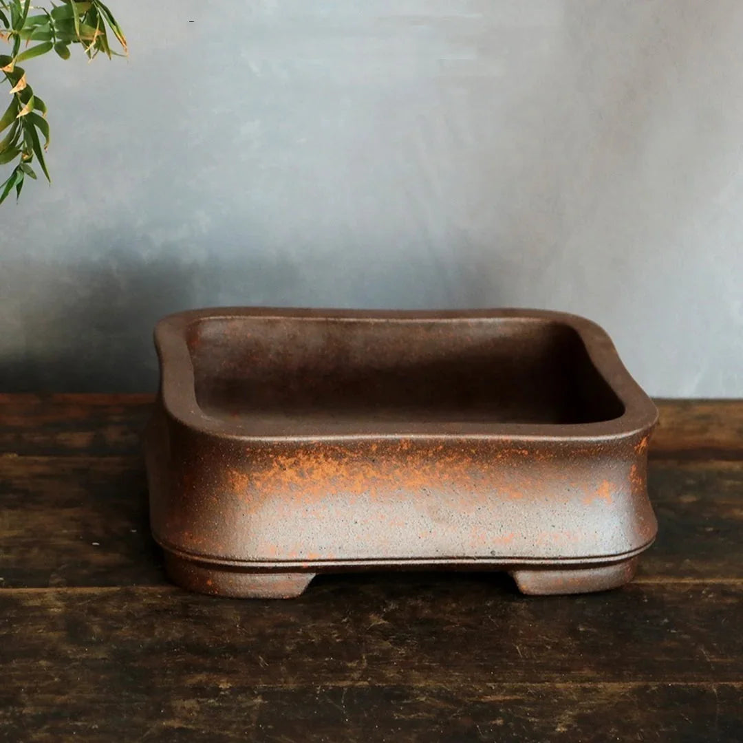 7.8 inch (20cm) Rectangular Unglazed Rustic Bonsai Pot w Soft Inward Walls