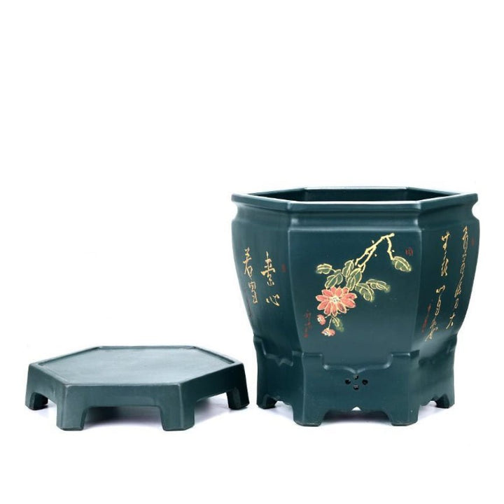 7.8" Deep Elegant Hexagonal Semi Cascade Bonsai Pot w Stand