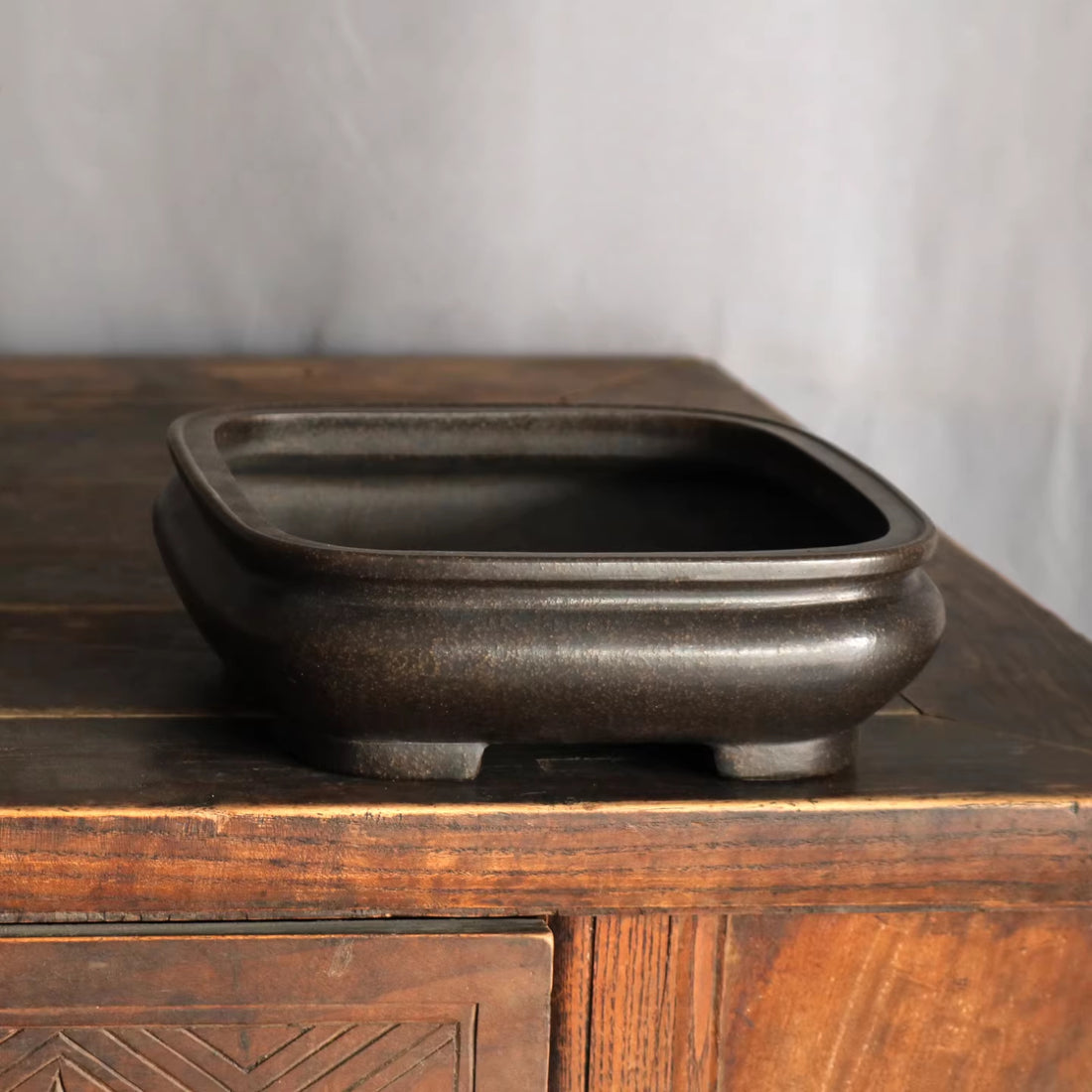 7.8 inch (19.8cm) Medium-Sized Square Rounded Corner Black Unglazed Black Bonsai Pot Top View