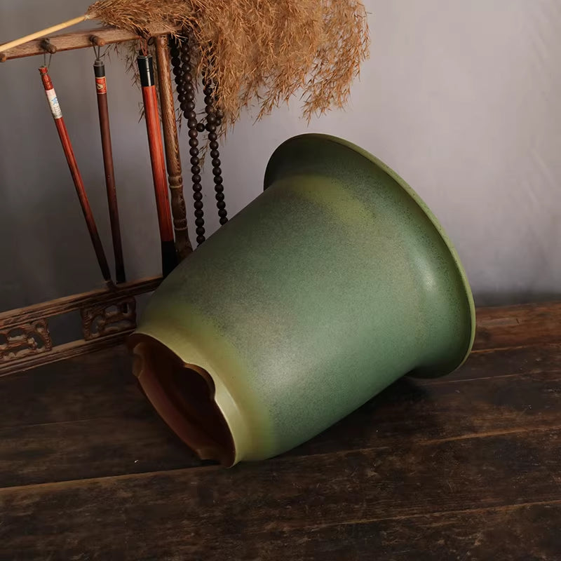 7.8 inch (20cm) Deep Round Green Traditional Cascade Bonsai Pot Side View