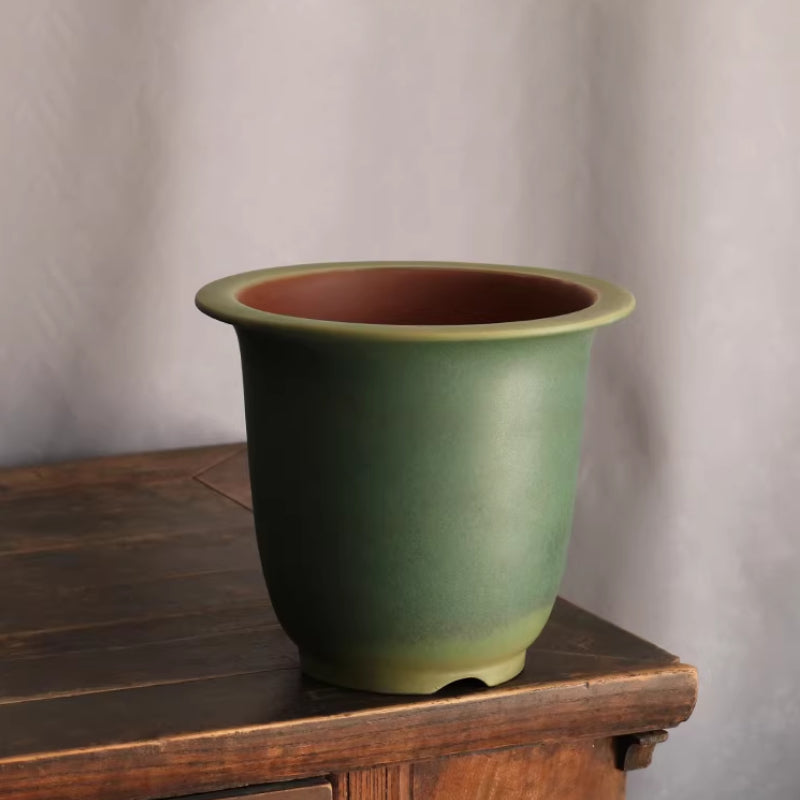 7.8 inch (20cm) Deep Round Green Traditional Cascade Bonsai Pot Top View