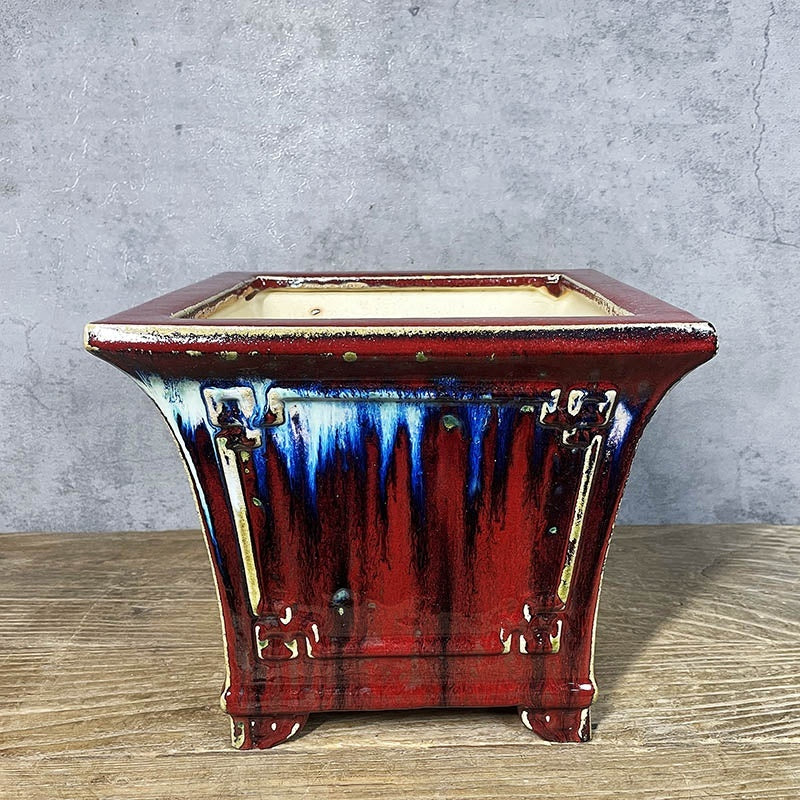 7.8 inch (20cm) Deep Square Exclusive Drip Glaze Cascade/Semi Cascade Bonsai Pot Top View