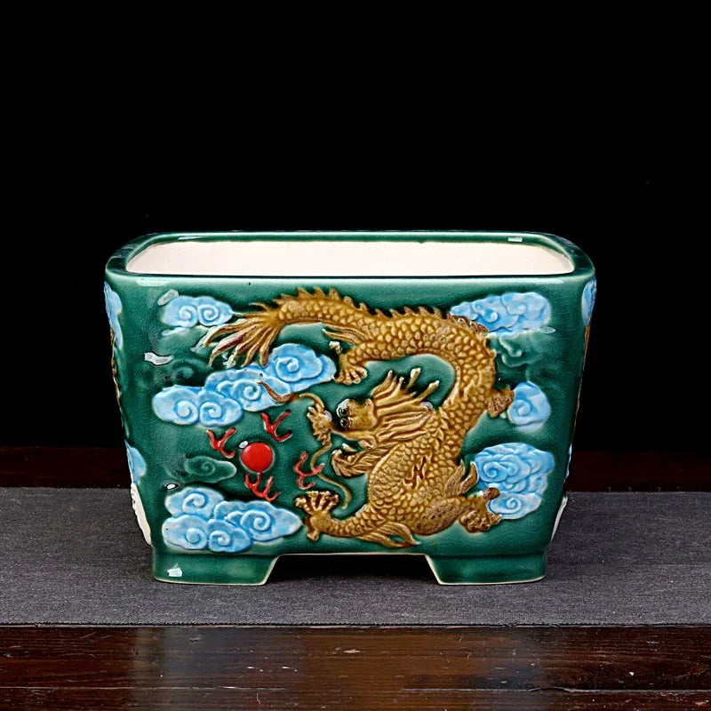 7.8 inch (20cm) Large 4.6" inch (11.7cm) Deep Square Glazed Dragon Bonsai Pot