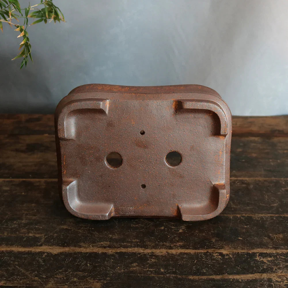 7.8 inch (20cm) Rectangular Unglazed Rustic Bonsai Pot w Soft Inward Walls Bottom View
