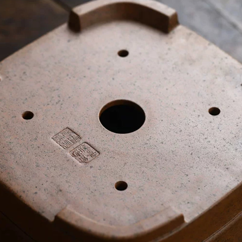 7.8 inch (20cm) Square Wood-Fired Unglazed Bonsai Pot w Mid-Body Raised Line Bottom View