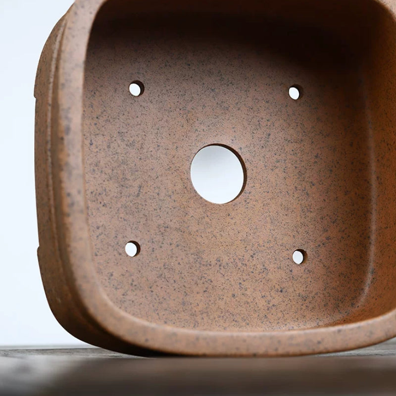 7.8 inch (20cm) Square Wood-Fired Unglazed Bonsai Pot w Mid-Body Raised Line Inner View