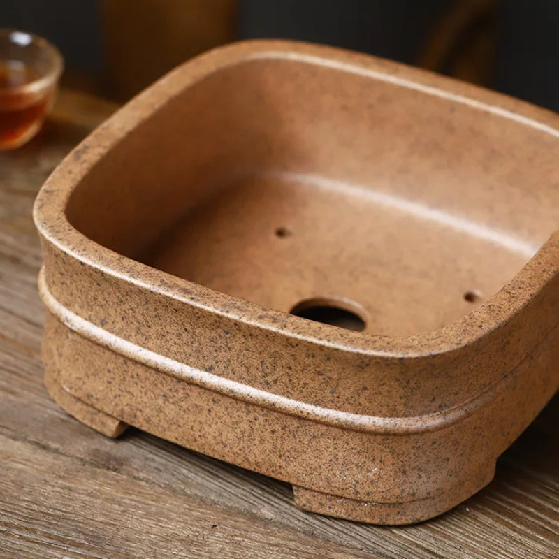7.8 inch (20cm) Square Wood-Fired Unglazed Bonsai Pot w Mid-Body Raised Line Top Inner View