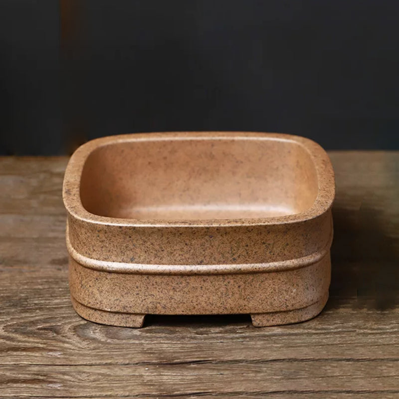 7.8 inch (20cm) Square Wood-Fired Unglazed Bonsai Pot w Mid-Body Raised Line Top View