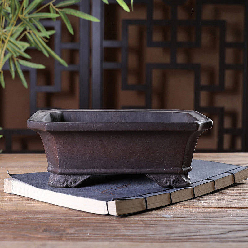7.9 inch (20.2cm) Corner-Cut Rectangular Antique Style Cloud Feet Unglazed Bonsai Pot