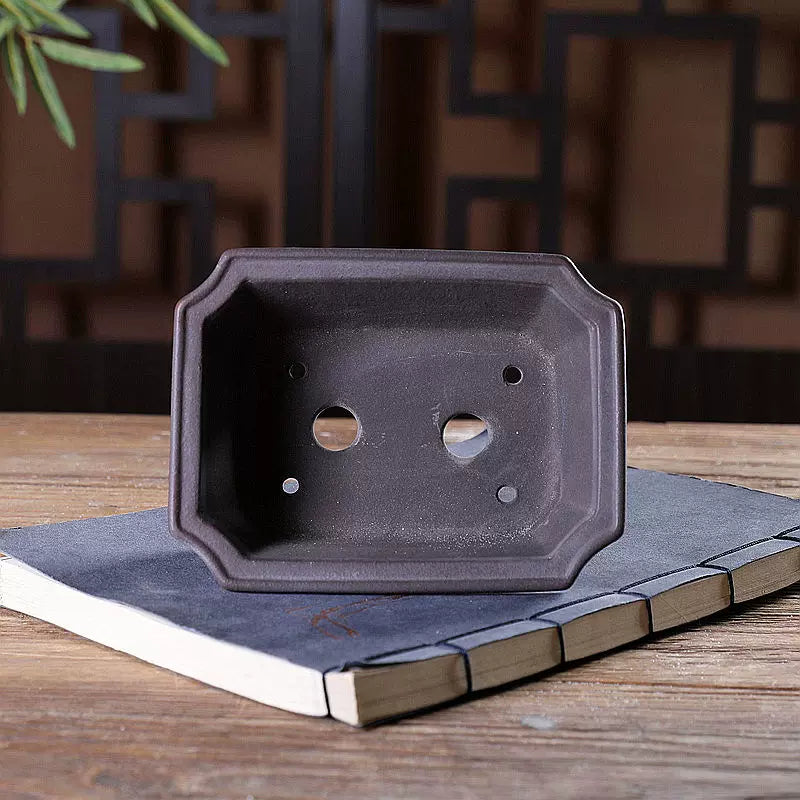 7.9 inch (20.2cm) Corner-Cut Rectangular Antique Style Cloud Feet Unglazed Bonsai Pot Inner View