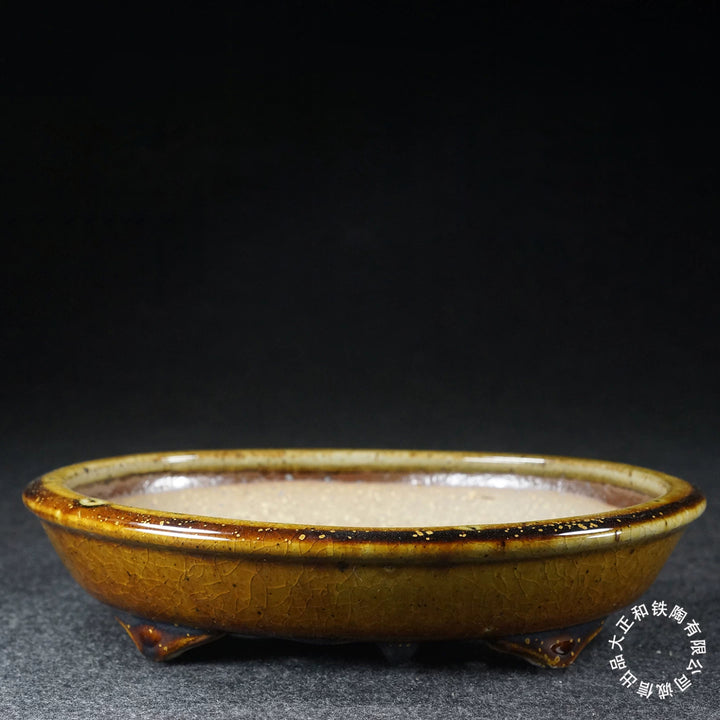 7.9 inch (20.2cm) Oval Orange Multi-Tone Cracked Glaze Shallow Bonsai Pot