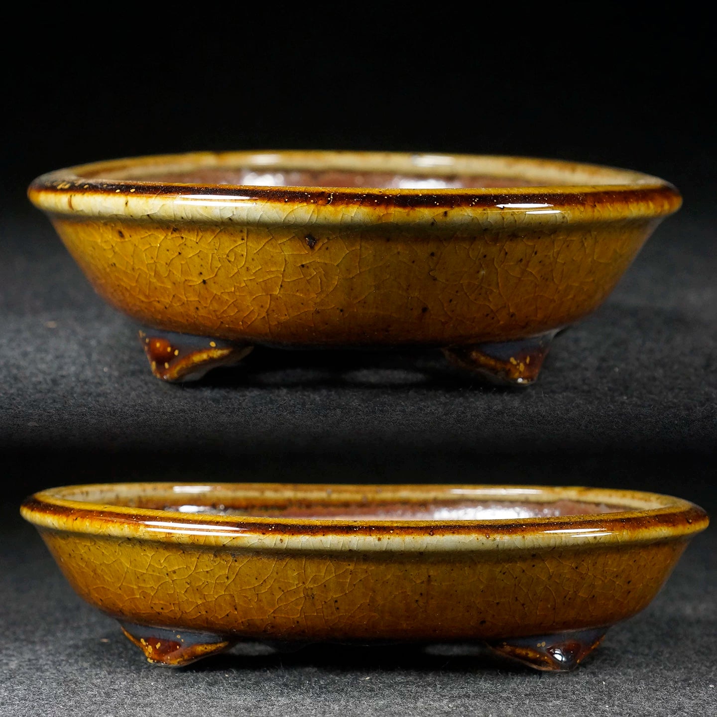 7.9 inch (20.2cm) Oval Orange Multi-Tone Cracked Glaze Shallow Bonsai Pot Side View